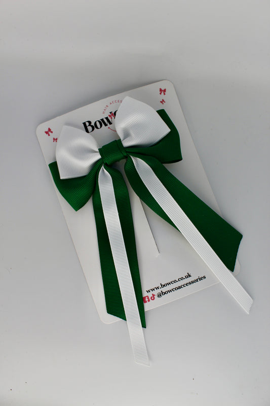 School Bow Green and White Streamer Tail Bow - Clip