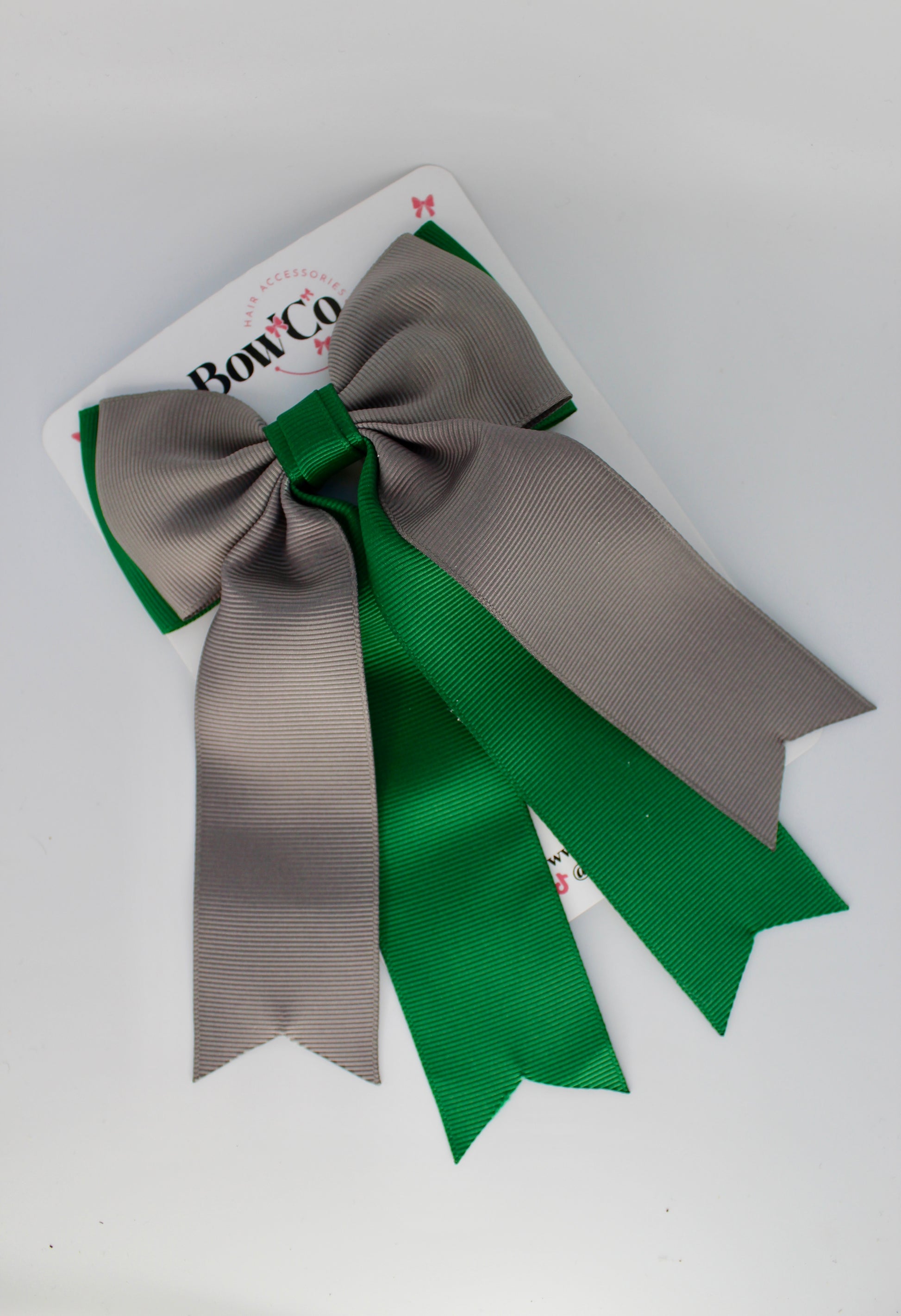 School Green and Grey Bow Classic Tail Bow - Clip