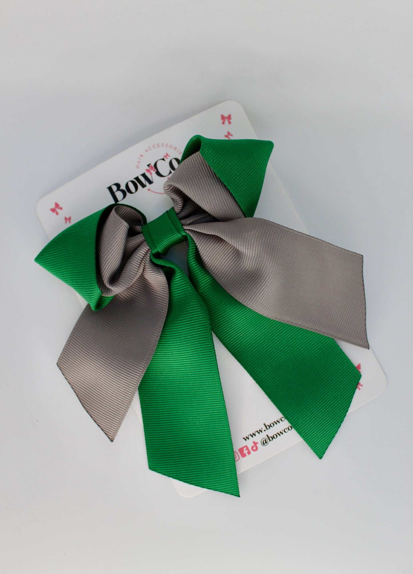 School Bow - Forest Green and Grey - Loop Tail Hair Bow - Clip
