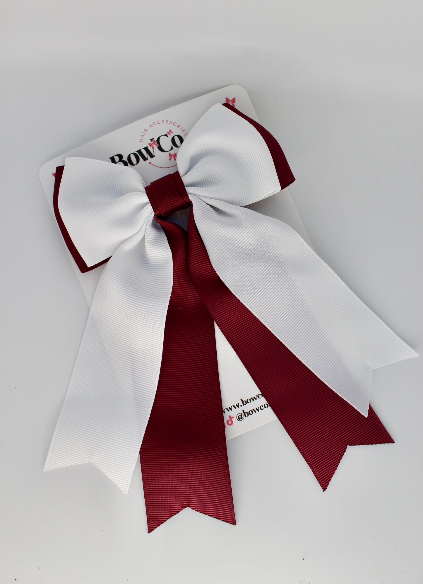 School Burgundy and White Bow - Classic Tail Bow - Clip