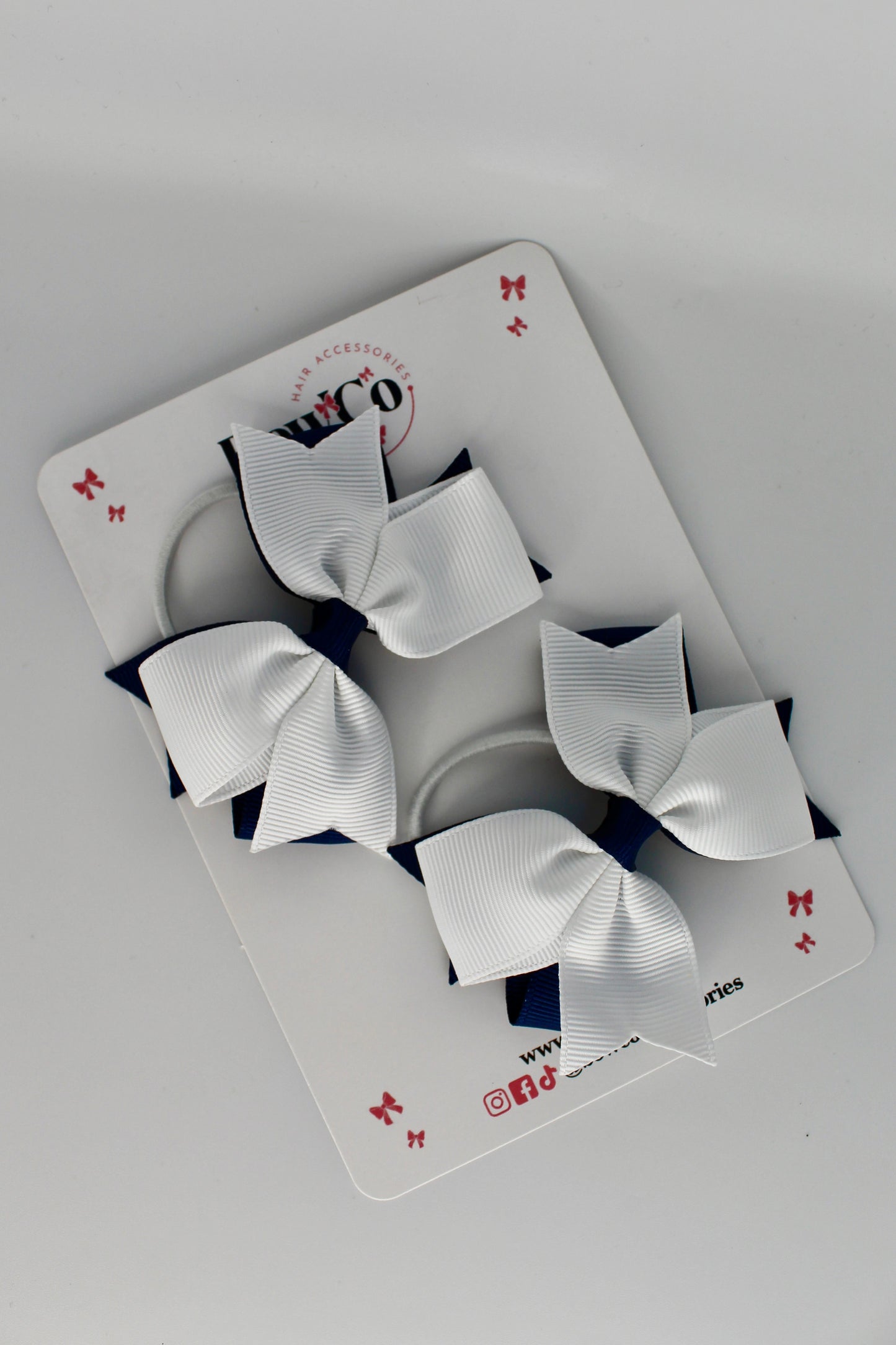 School Bows Navy Blue and White - Layer Tail Bow Set - Elastic