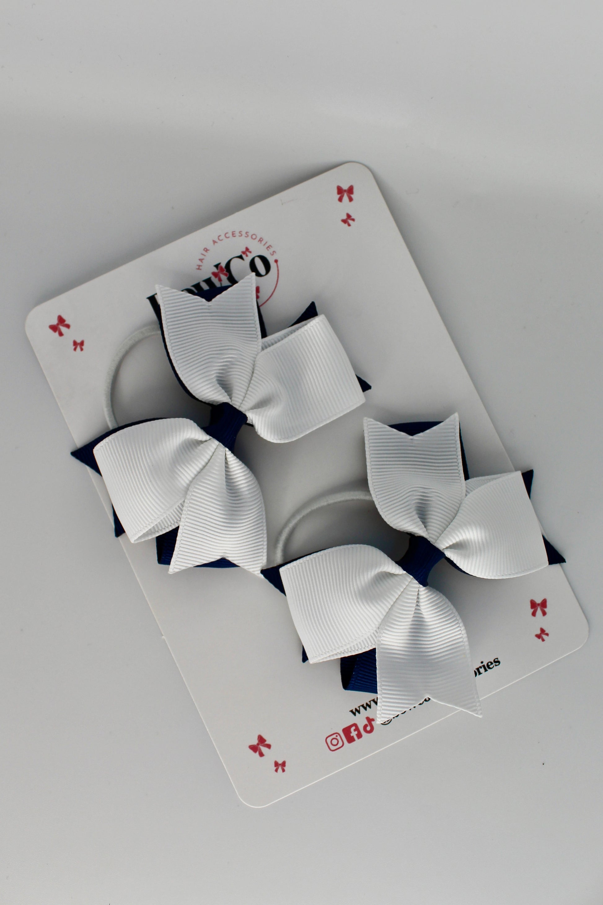 School Bows Navy Blue and White - Layer Tail Bow Set - Elastic