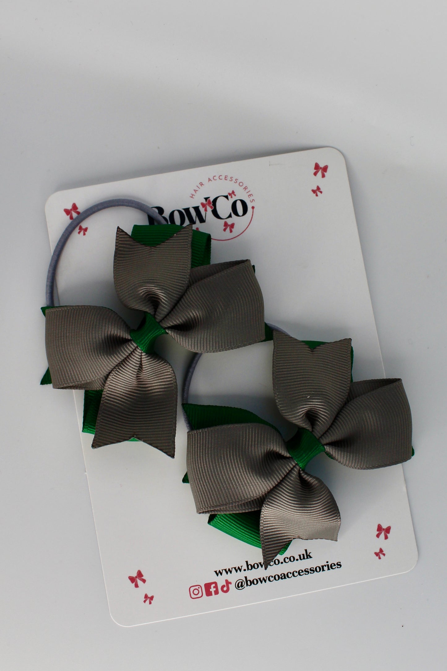 School Bows Forest Green and Grey - Layer Tail Bow - Elastic