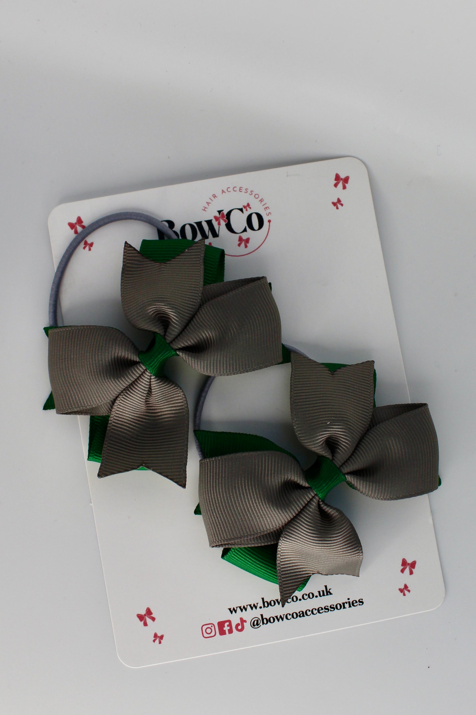 School Bows Forest Green and Grey - Layer Tail Bow - Elastic