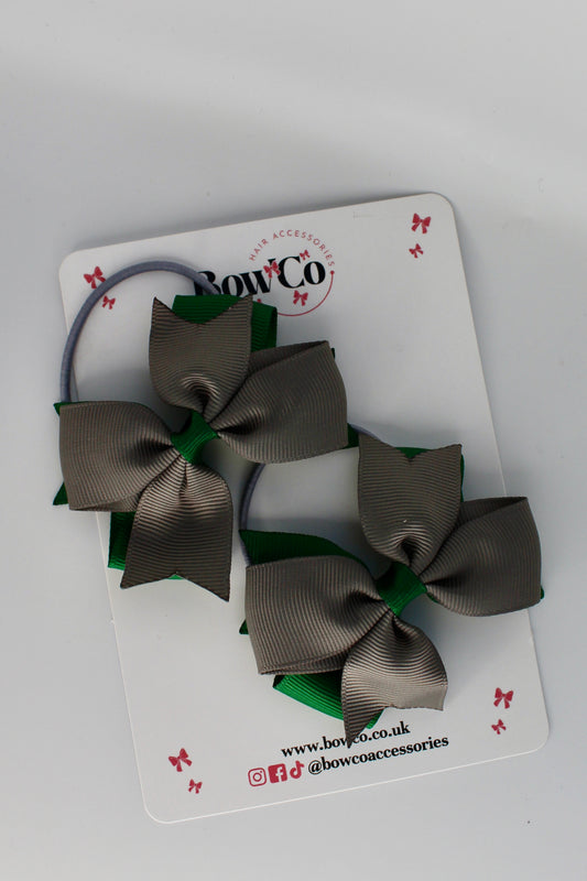 School Bows Forest Green and Grey - Layer Tail Bow - Elastic