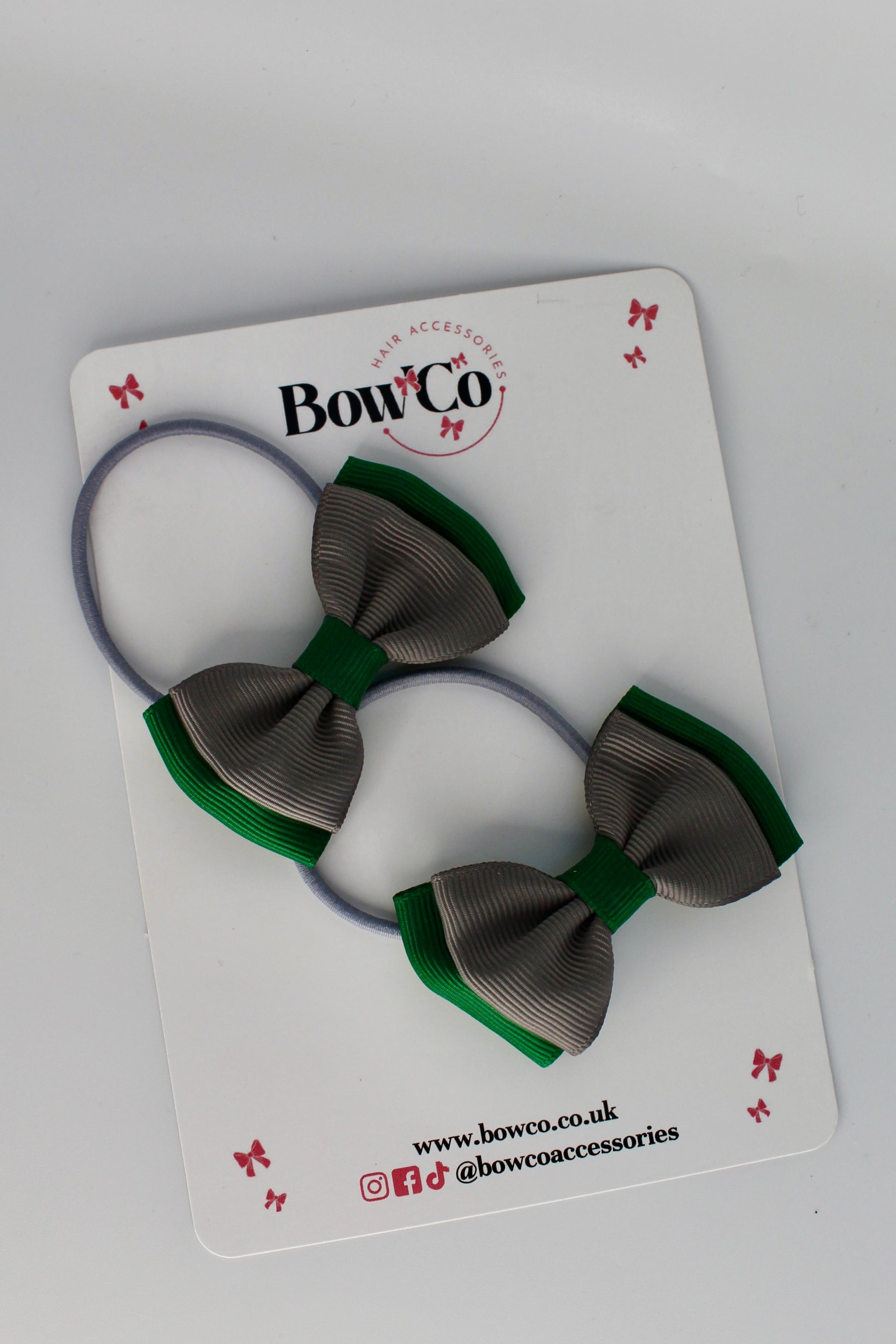 School Bows Forest Green and Grey - Double Ribbon Bow Set - Elastic