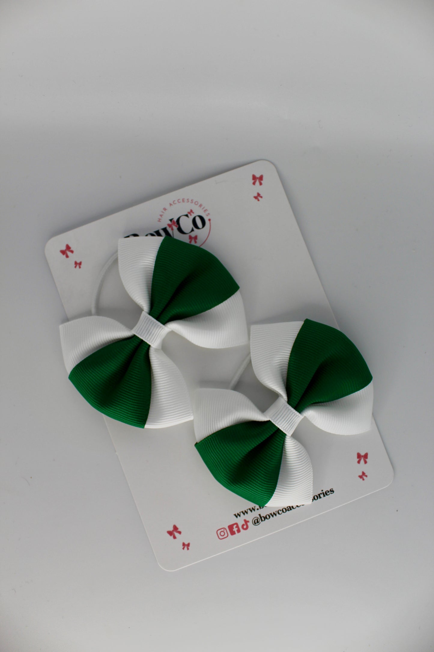 School Bows Forest Green and White - Round Tuxedo Bow Set - Elastic