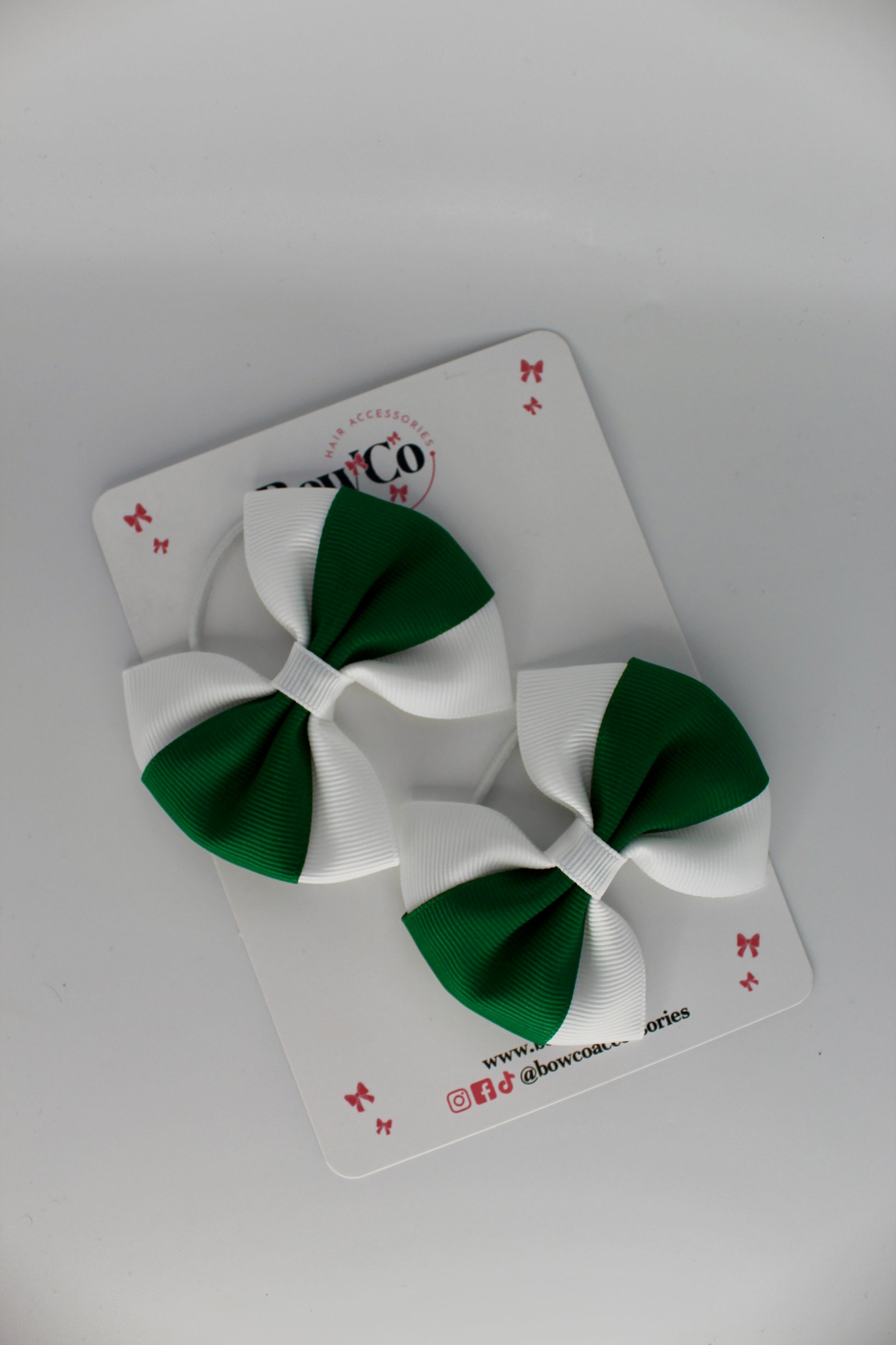 School Bows Forest Green and White - Round Tuxedo Bow Set - Elastic