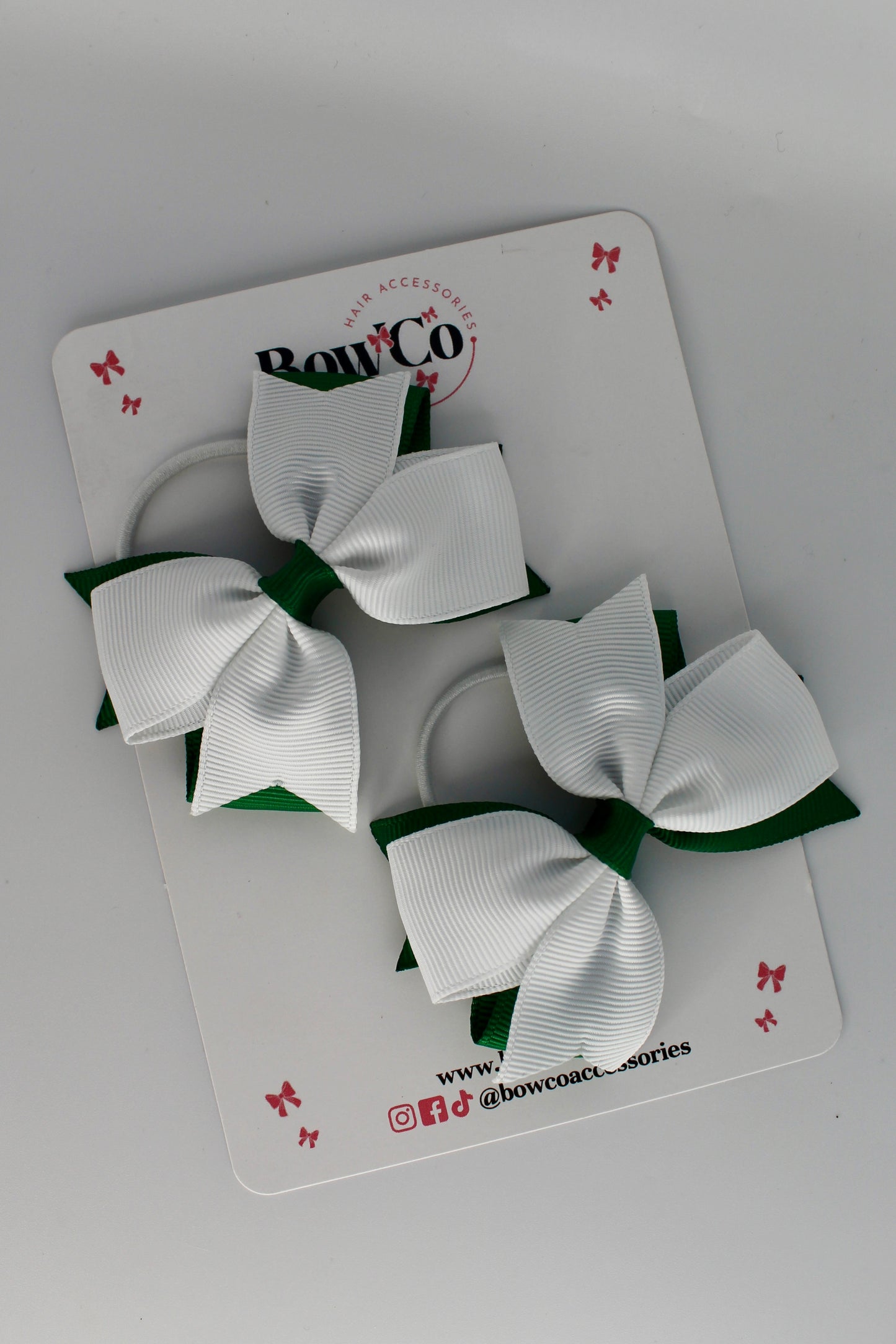 School Bows Forest Green and White - Layer Tail Bow - Elastic