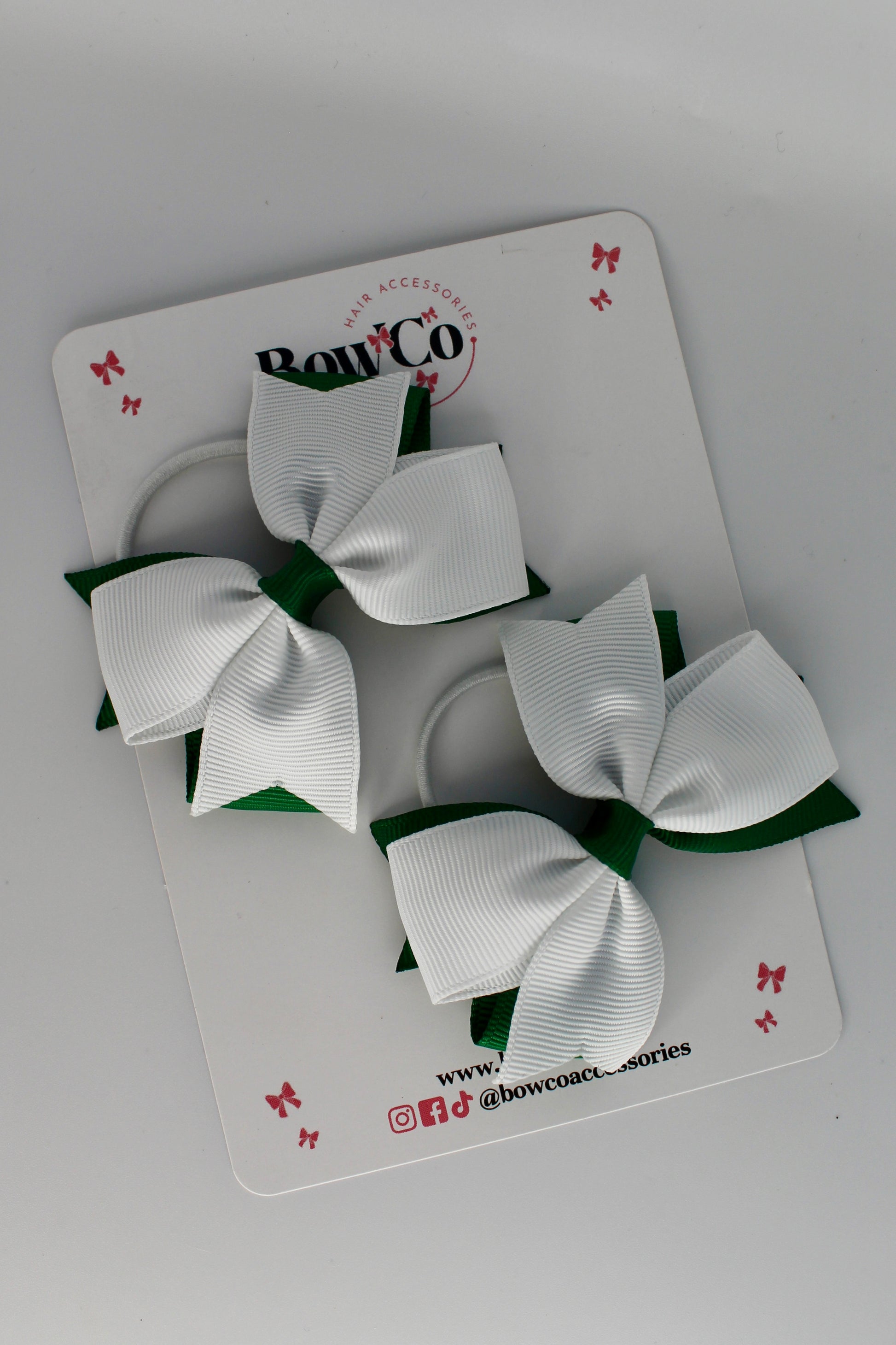 School Bows Forest Green and White - Layer Tail Bow - Elastic