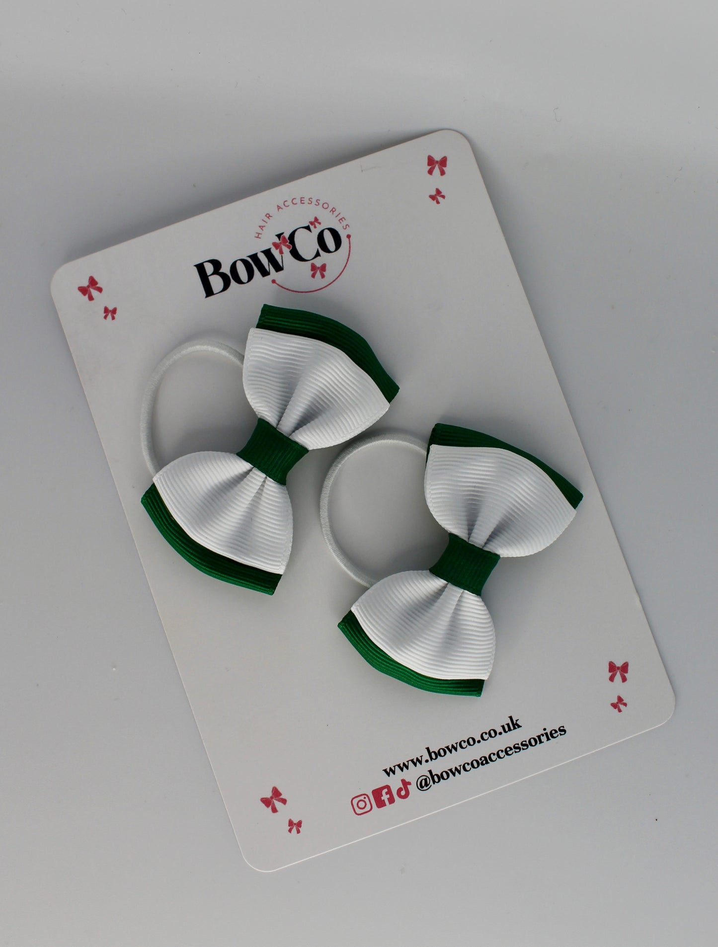 School Bows Forest Green and White - Double Ribbon Bow Set - Elastic