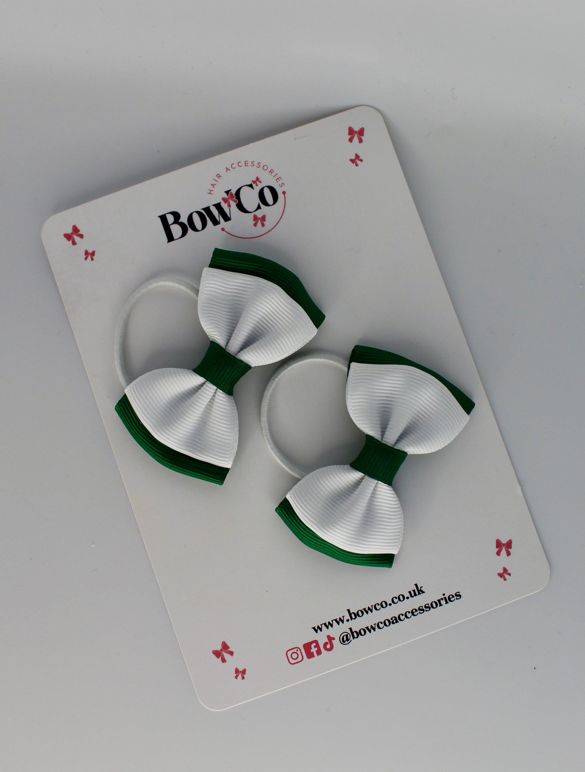 School Bows Forest Green and White - Double Ribbon Bow Set - Elastic
