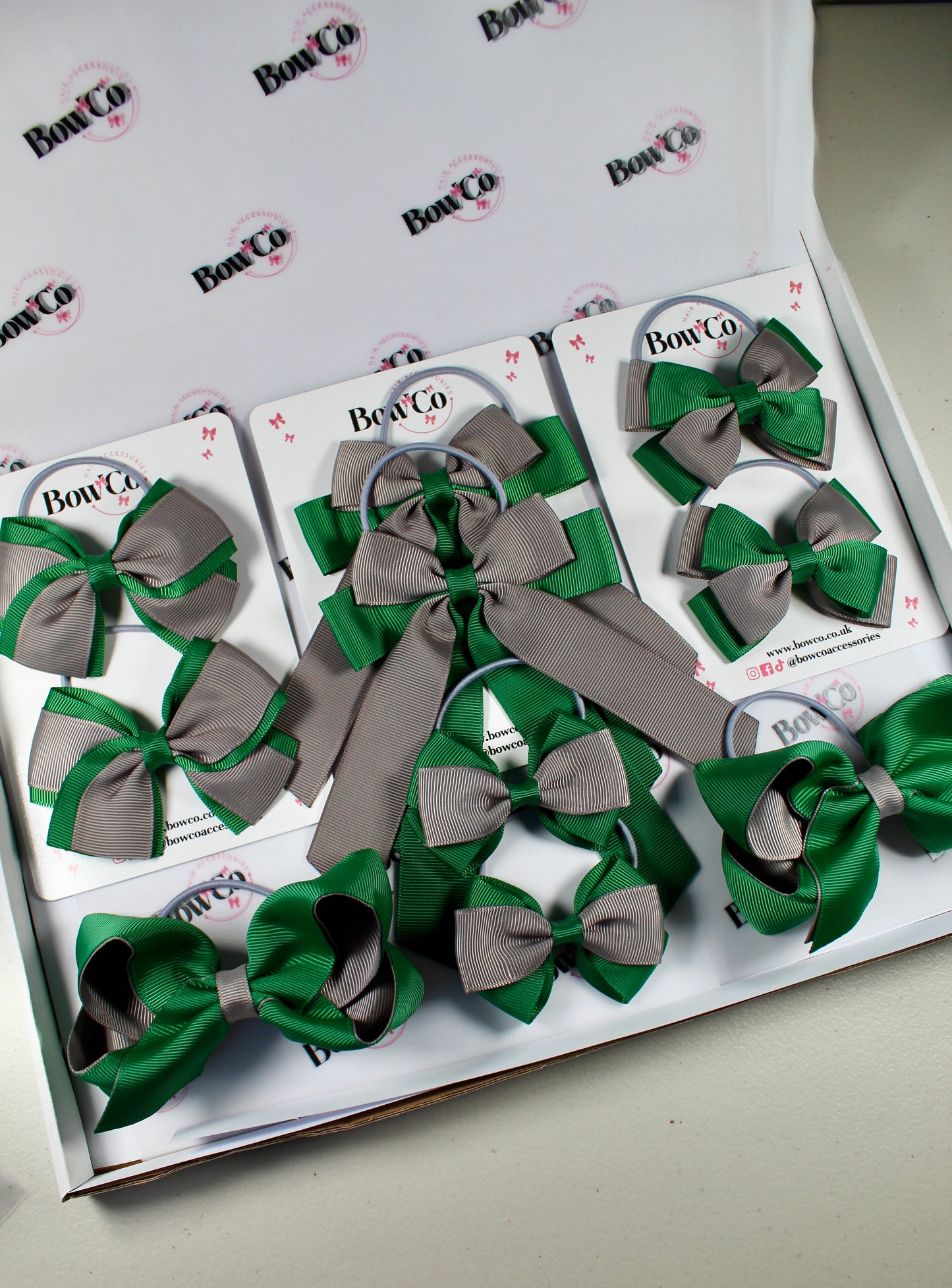 School Bow Bundle Saver - 10 Pack - Green and Grey - Elastic