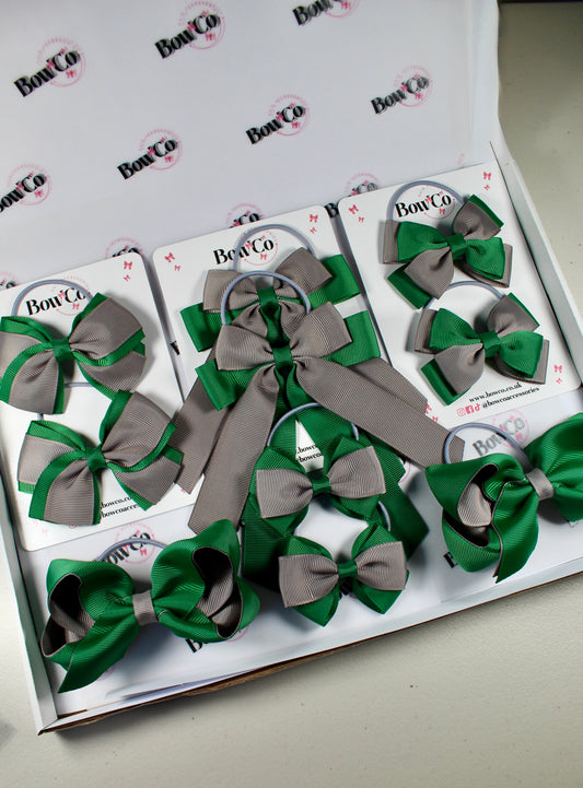 School Bow Bundle Saver - 10 Pack - Green and Grey - Elastic