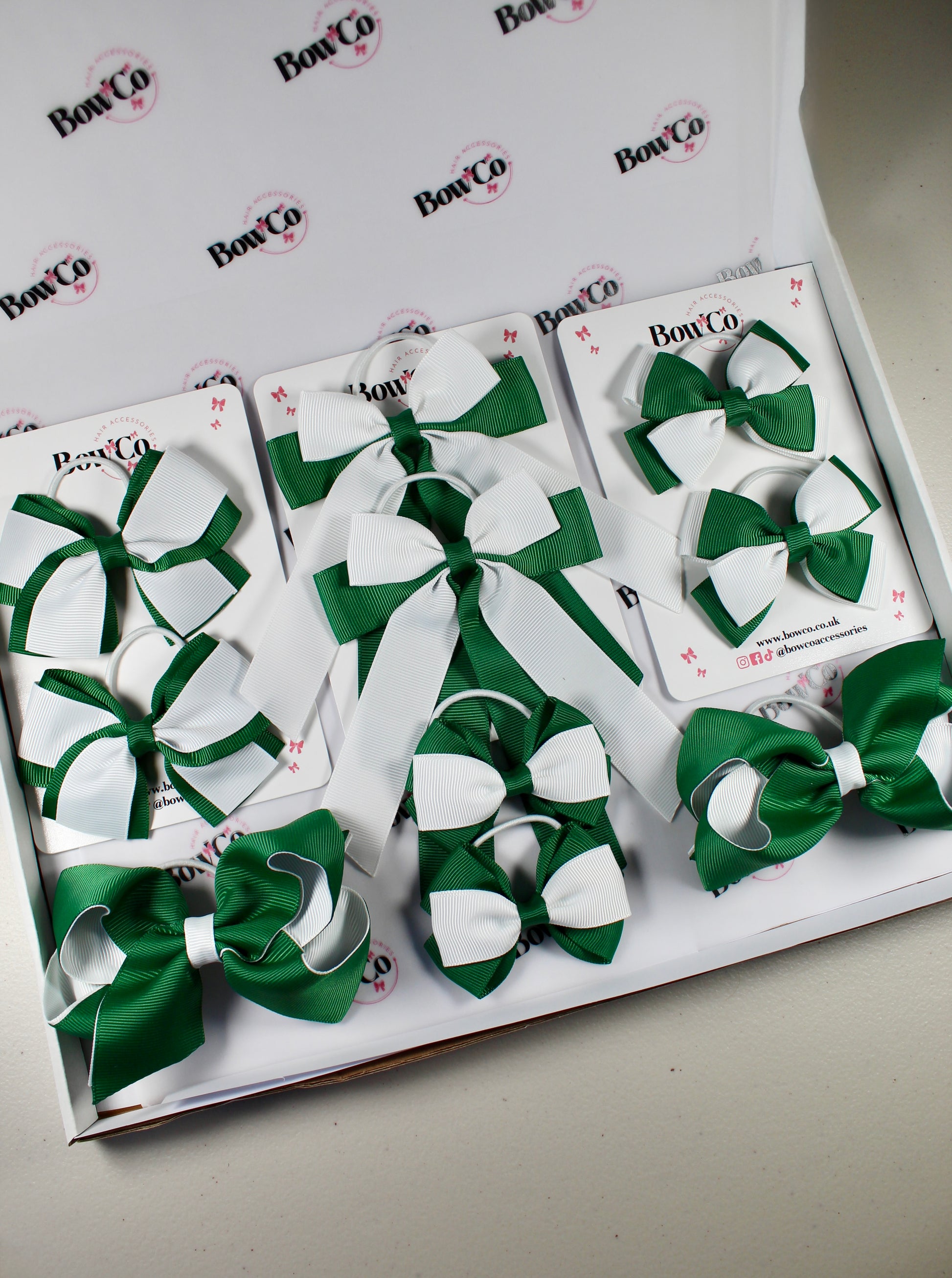 School Bow Bundle Saver - 10 Pack - Forest Green and White - Elastic