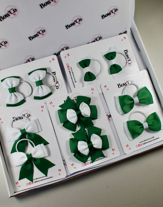School Bow Bundle Saver - 10 Pack - Forest Green and White - Elastic