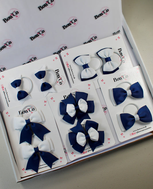 School Bow Bundle Saver - 10 Pack - Navy Blue and White - Elastic