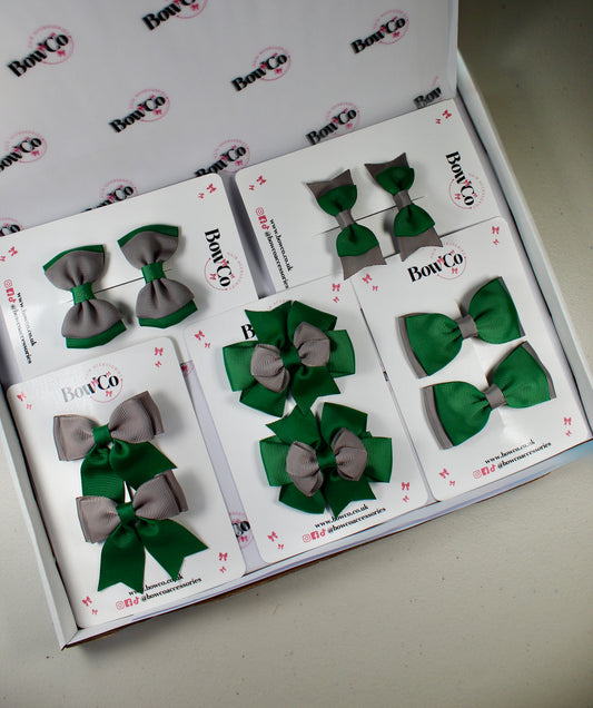 School Bow Bundle Saver - 10 Pack - Forest Green and Grey - Clip
