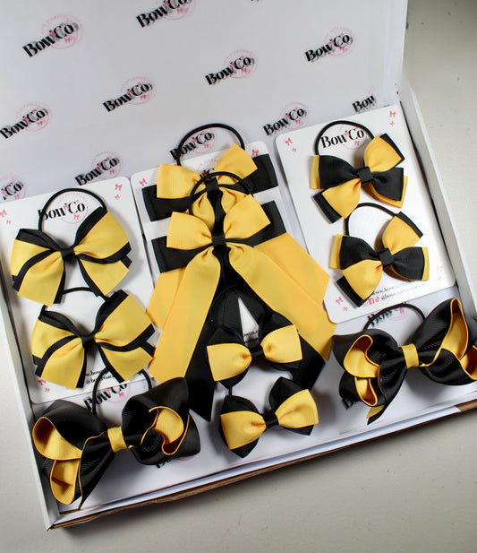 School Bow Bundle Saver - 10 Pack - Black and Yellow Gold - Elastic