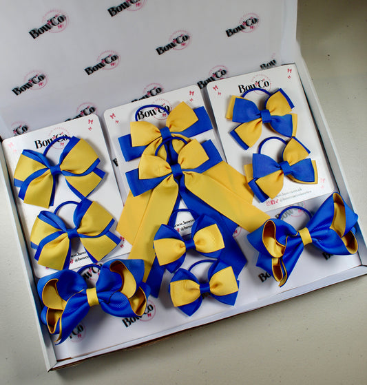 School Bow Bundle Saver - 10 Pack - Royal Blue and Yellow Gold - Elastic