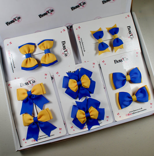 School Bow Bundle Saver - 10 Pack - Royal Blue and Yellow Gold - Clip