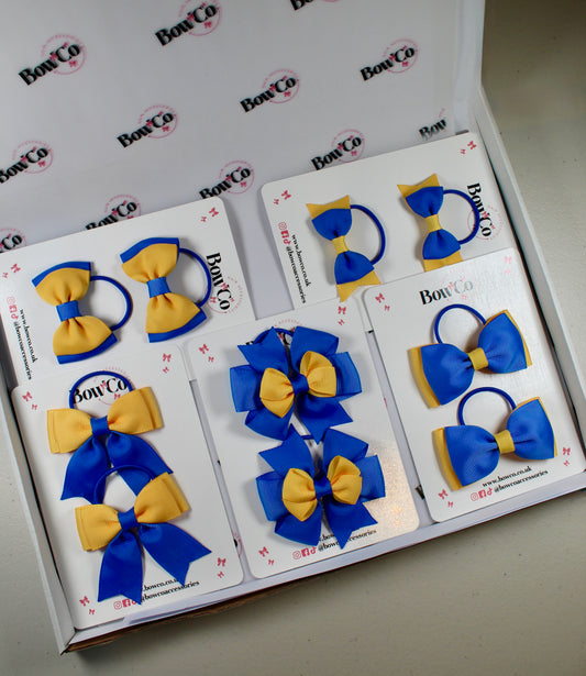 School Bow Bundle Saver - 10 Pack - Royal Blue and Yellow Gold - Elastic