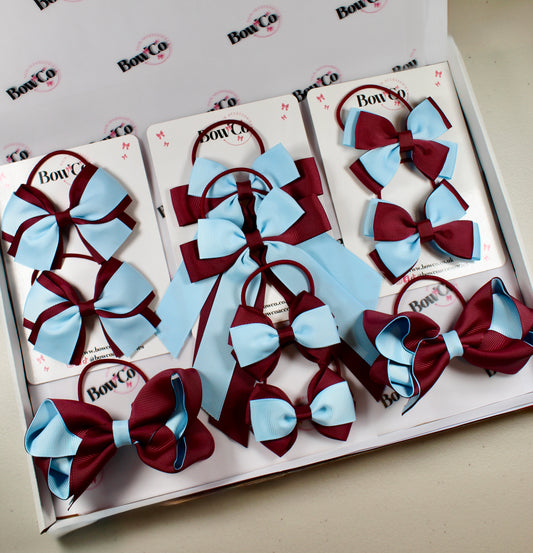 School Bow Bundle Saver- 10 Pack - Burgundy and Blue Topaz - Elastic