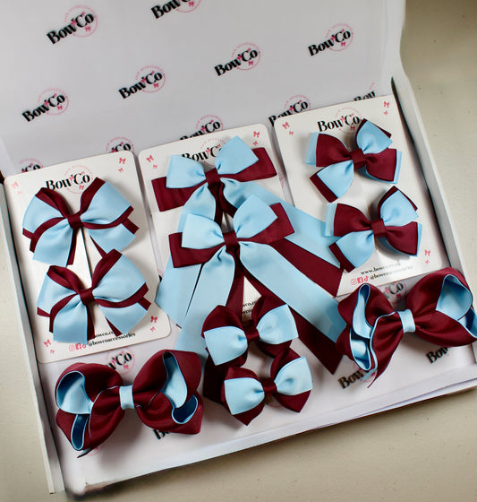 School Bow Bundle Saver - 10 Pack - Burgundy and Blue Topaz - Clip