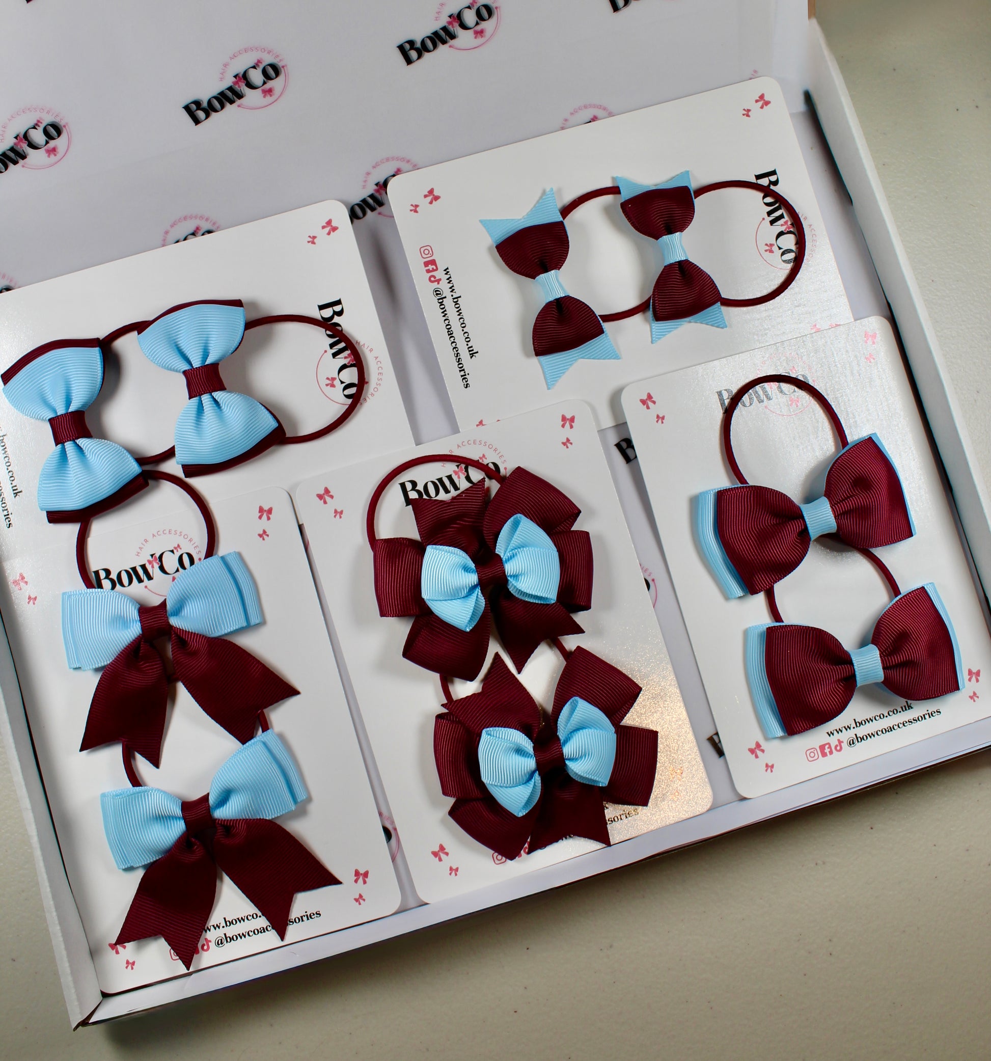 School Bow Bundle Saver - 10 Pack - Burgundy and Blue Topaz - Elastic
