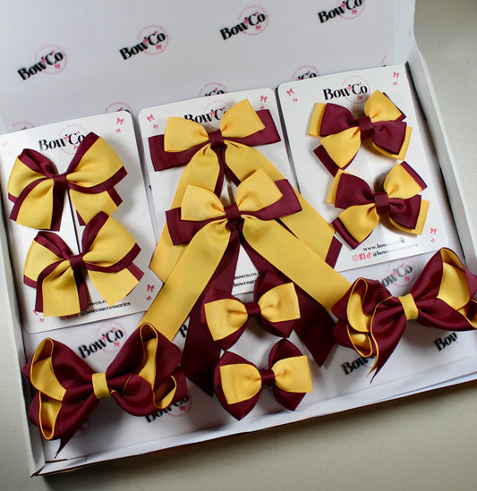 School Bow Bundle Saver - 10 Pack - Burgundy and Yellow Gold - Clip