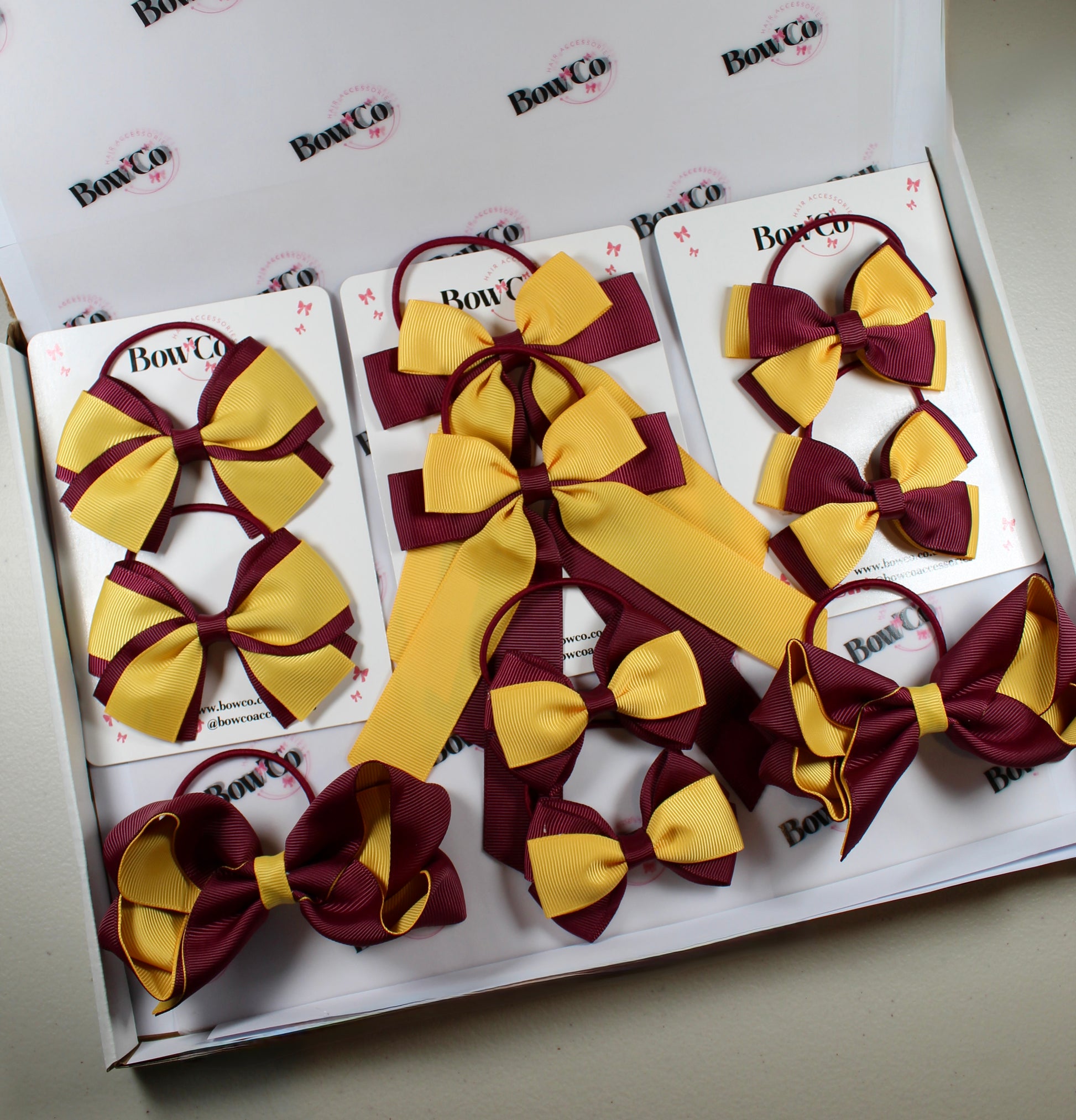 School Bow Bundle Saver - 10 Pack - Burgundy and Yellow Gold - Elastic