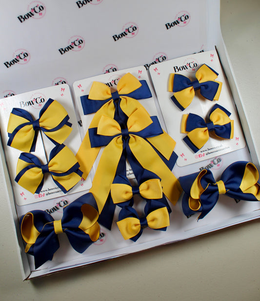 School Bow Bundle Saver - 10 Pack - Navy Blue and Yellow Gold - Clip