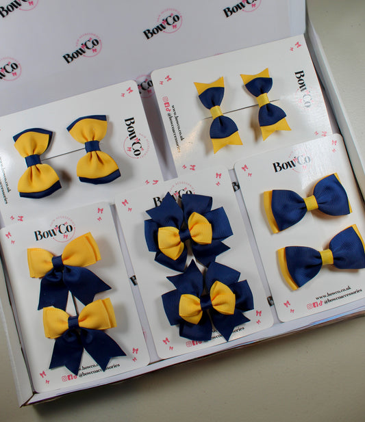 School Bow Bundle Saver - 10 Pack - Navy Blue and Yellow Gold - Clip
