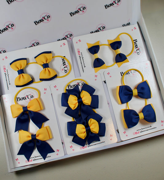 School Bow Bundle Saver - 10 Pack - Navy Blue and Yellow Gold - Elastic