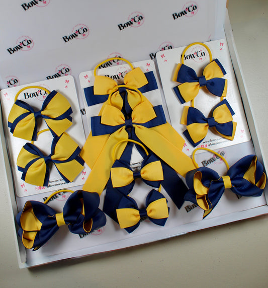 School Bow Bundle Saver - 10 Pack - Navy Blue and Yellow Gold - Elastic