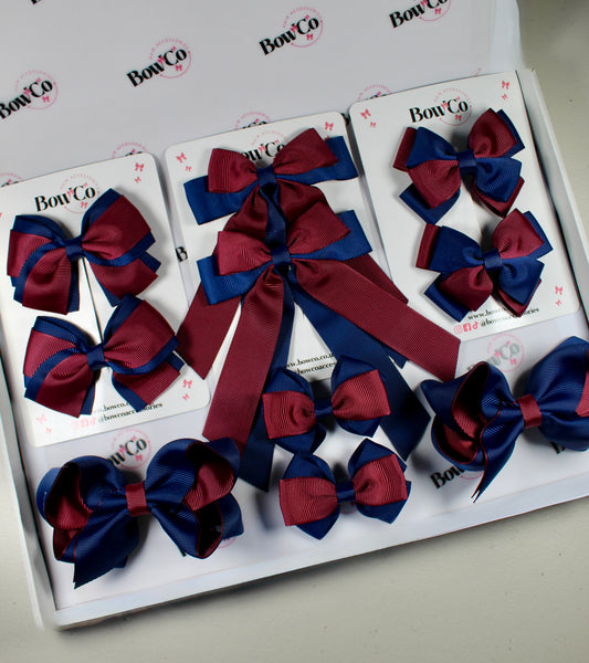 School Bow Bundle Saver - 10 Pack - Navy Blue and Burgundy - Clip
