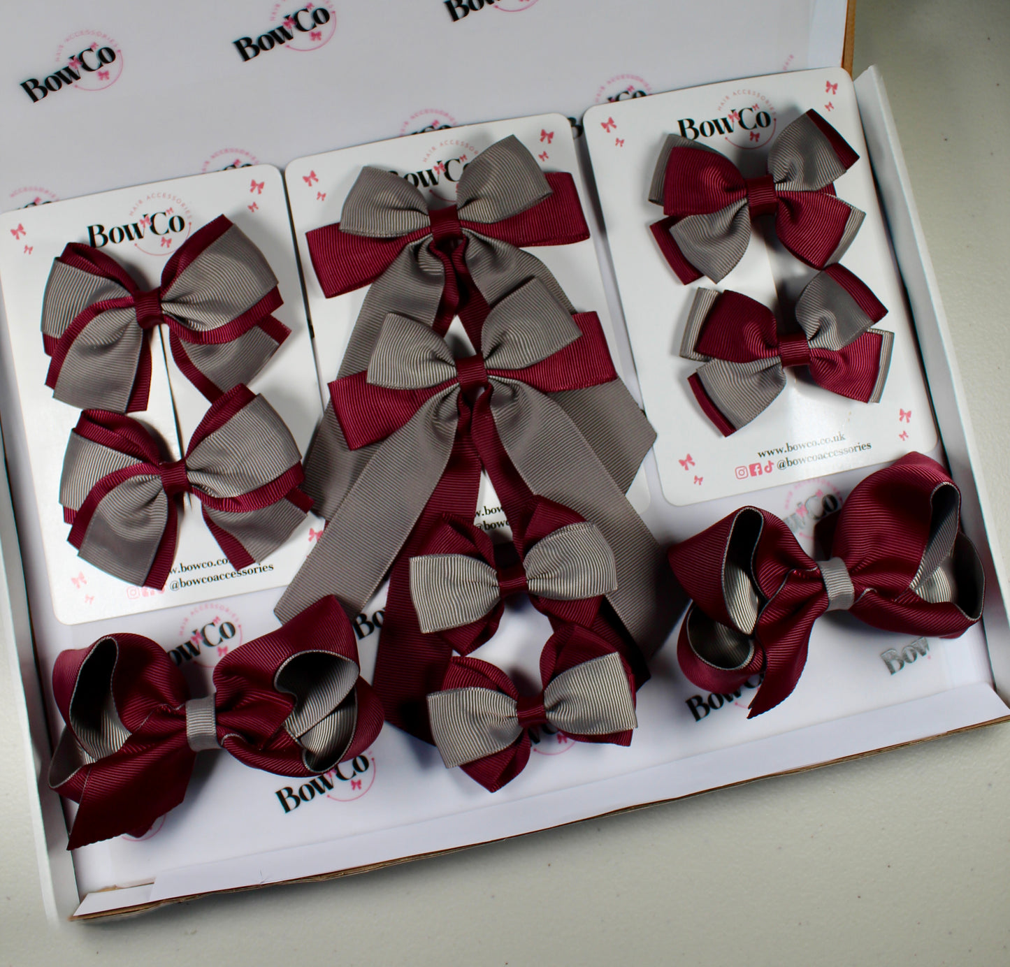 School Bow Bundle Saver - 10 Pack - Burgundy and Grey - Clip