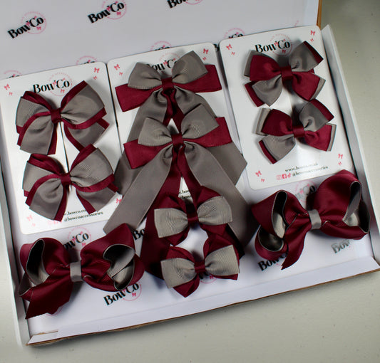 School Bow Bundle Saver - 10 Pack - Burgundy and Grey - Clip