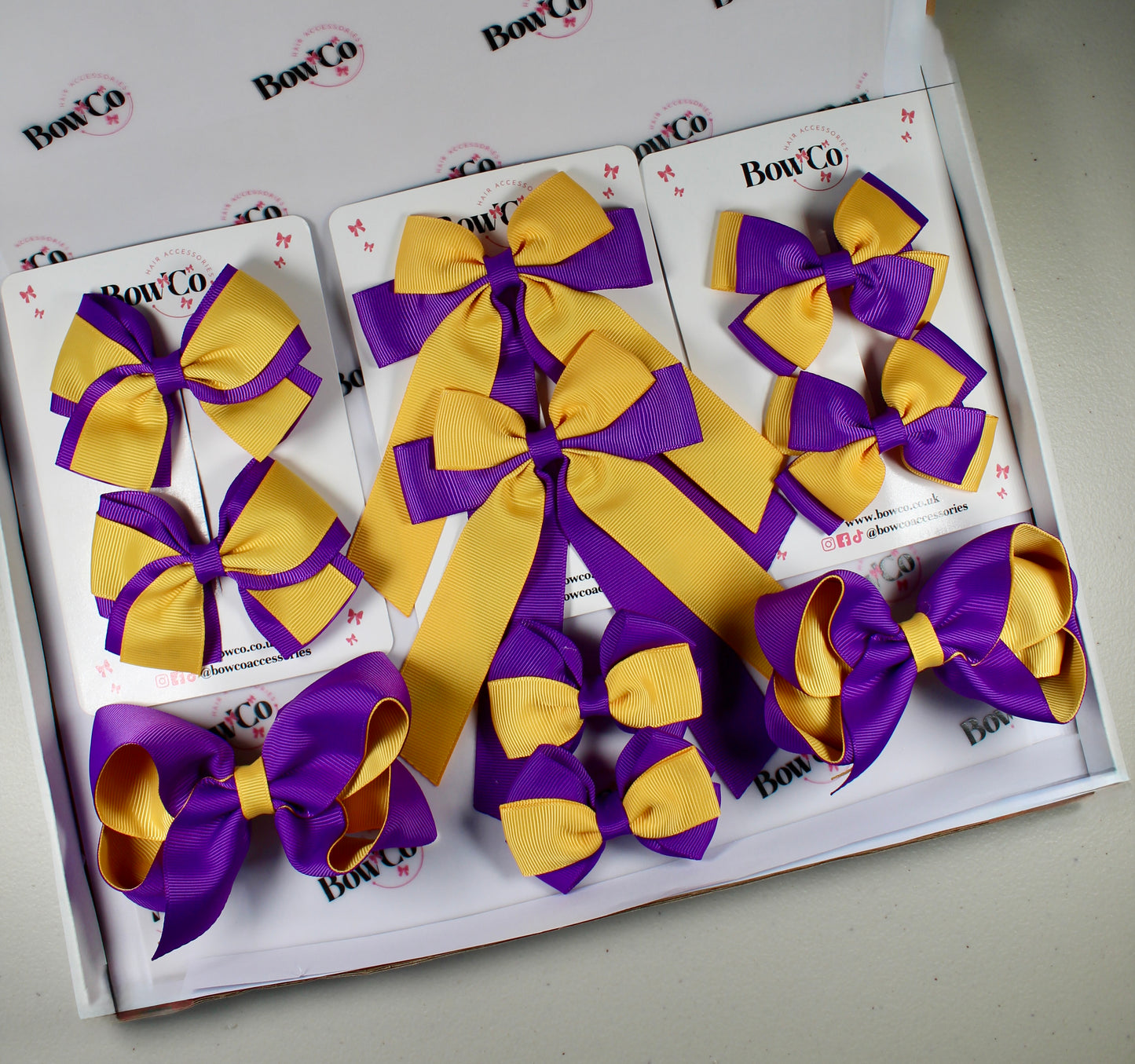 School Bow Bundle Saver - 10 Pack - Purple and Yellow Gold - Clip