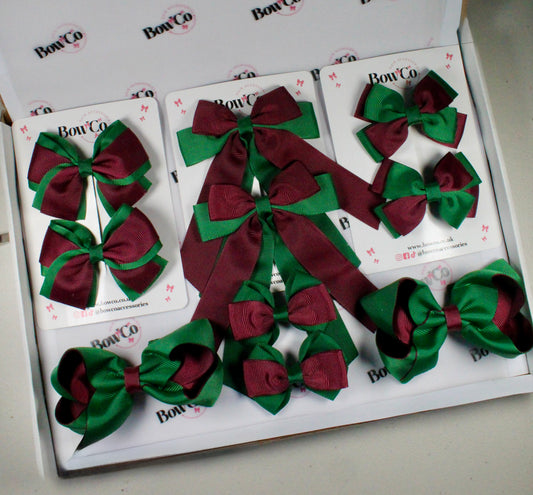 School Bow Bundle Saver - 10 Pack - Burgundy and Green - Clip