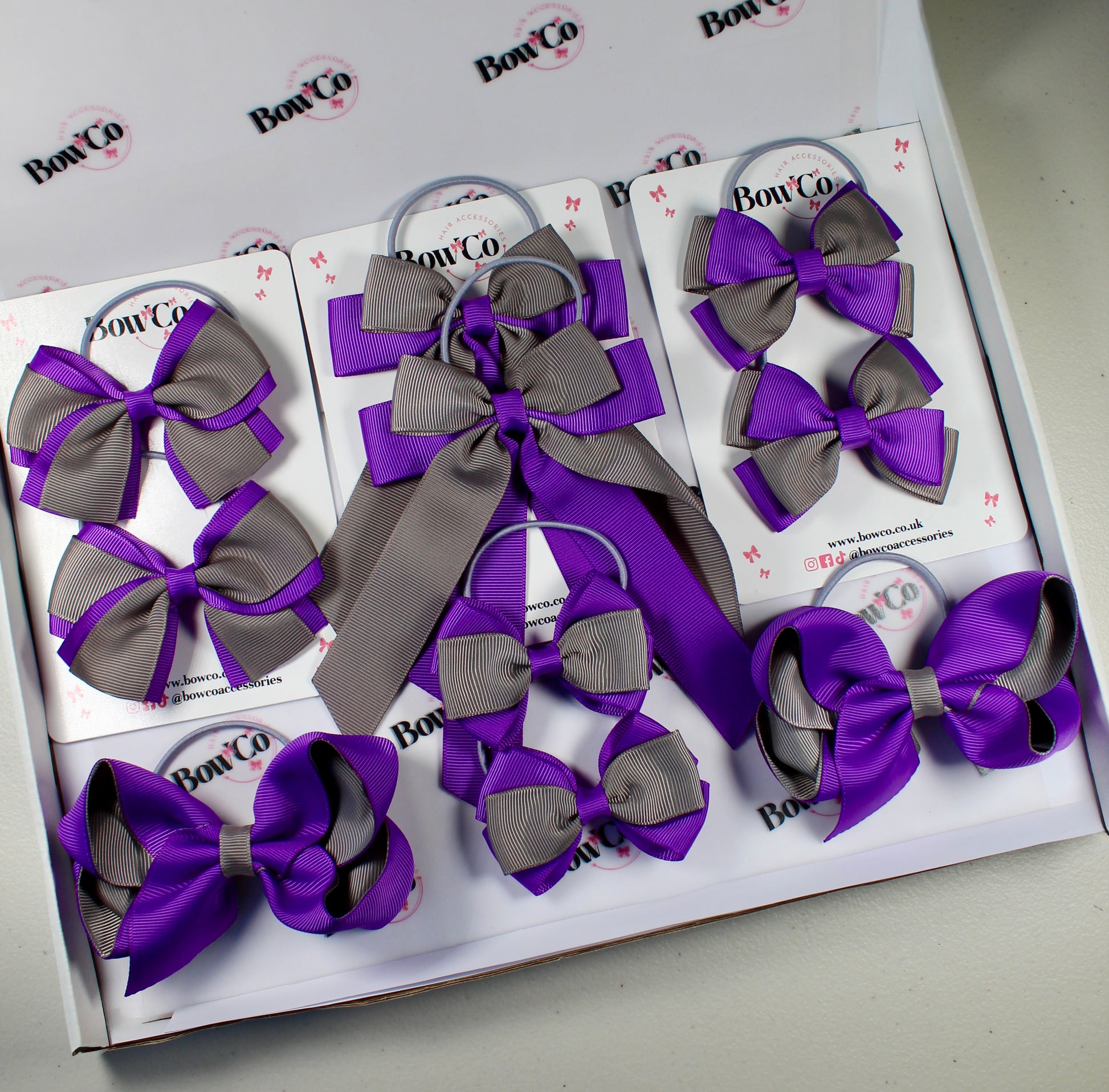 School Bow Bundle Saver - 10 Pack - Purple and Metal Grey - Elastic