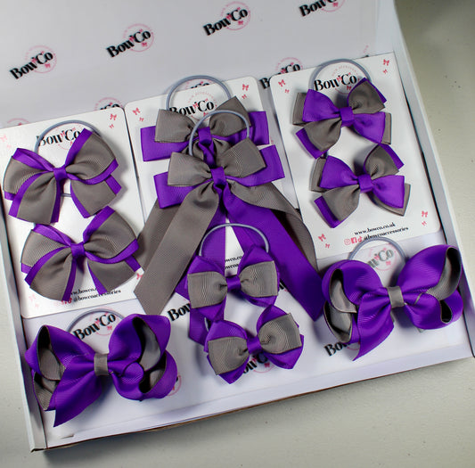 School Bow Bundle Saver - 10 Pack - Purple and Metal Grey - Elastic