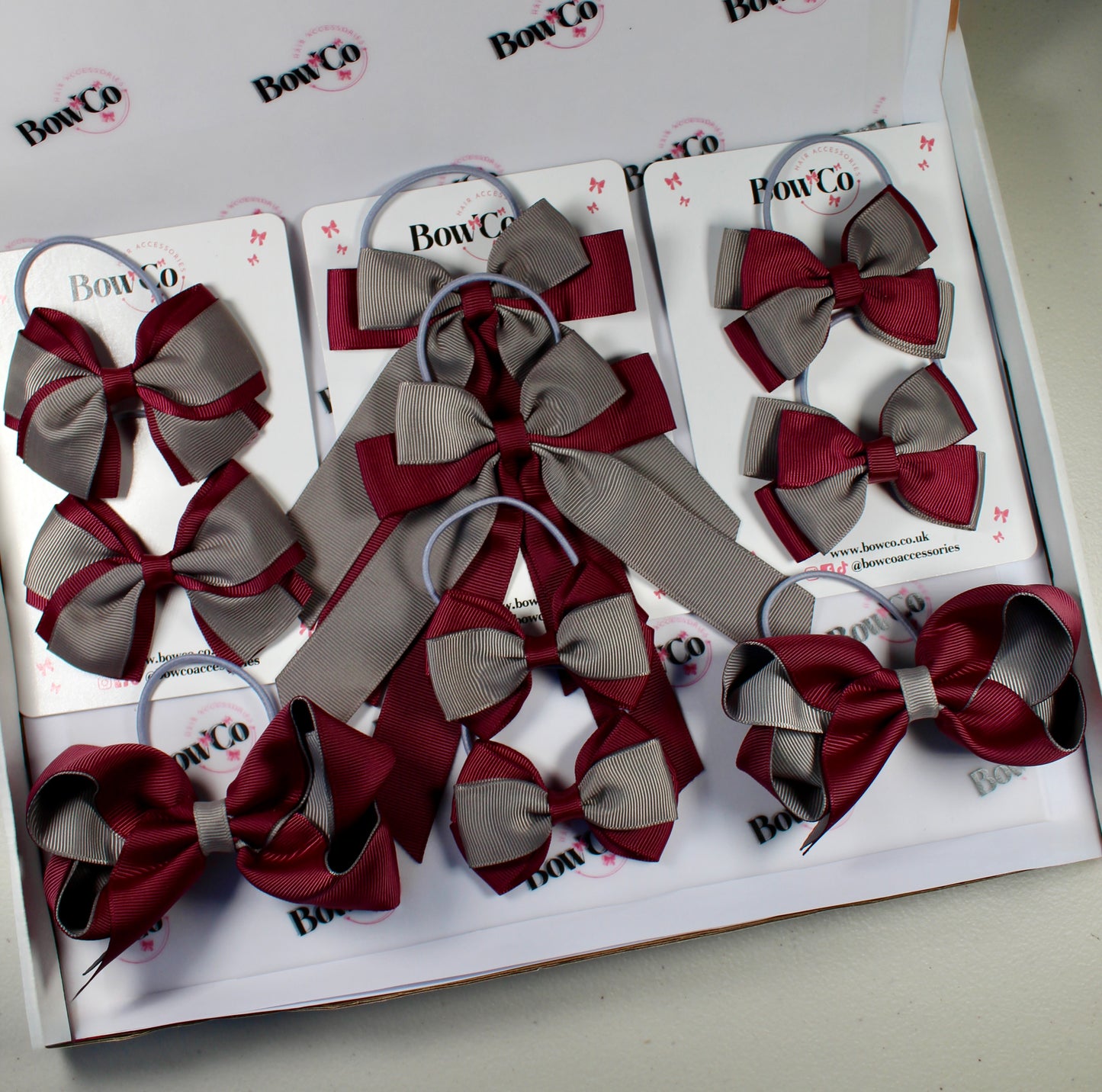 School Bow Bundle Saver - 10 Pack - Burgundy and Grey - Elastic