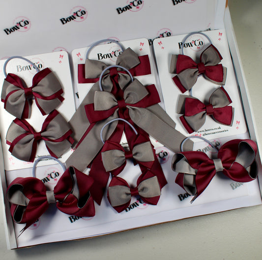 School Bow Bundle Saver - 10 Pack - Burgundy and Grey - Elastic