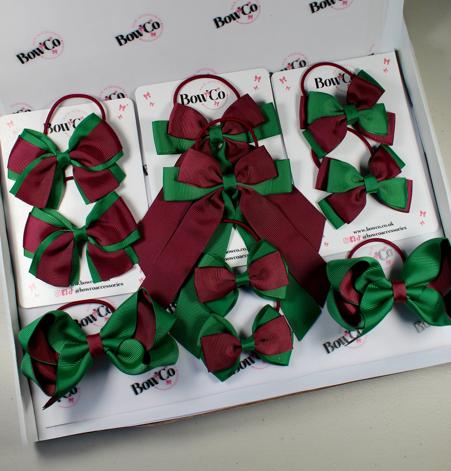 School Bow Bundle Saver - 10 Pack - Burgundy and Green - Elastic