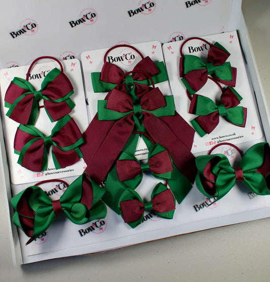 School Bow Bundle Saver - 10 Pack - Burgundy and Green - Elastic