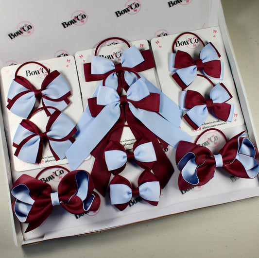School Bow Bundle Saver - 10 Pack - Burgundy and Bluebell - Elastic