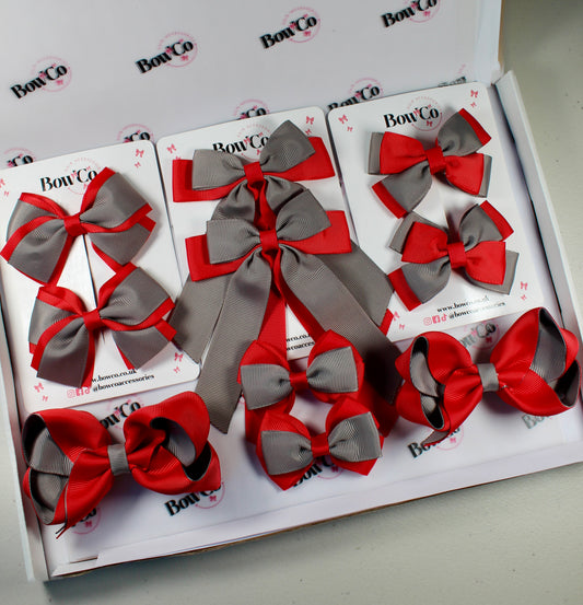 School Bow Bundle Saver - 10 Pack - Red and Grey - Clip
