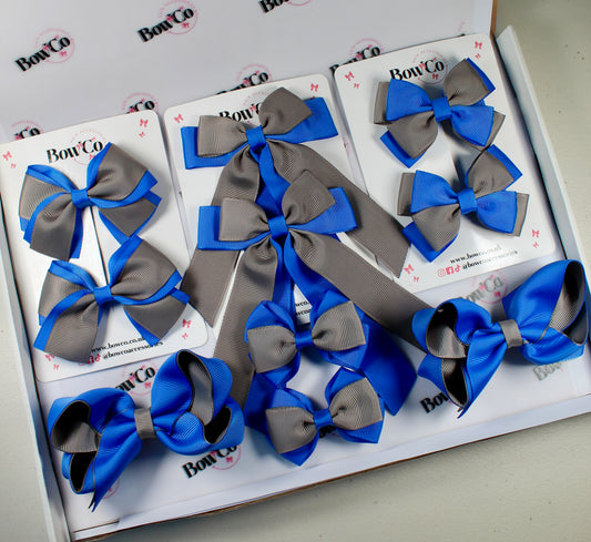 School Bow Bundle Saver - 10 Pack - Royal Blue and Grey - Clip