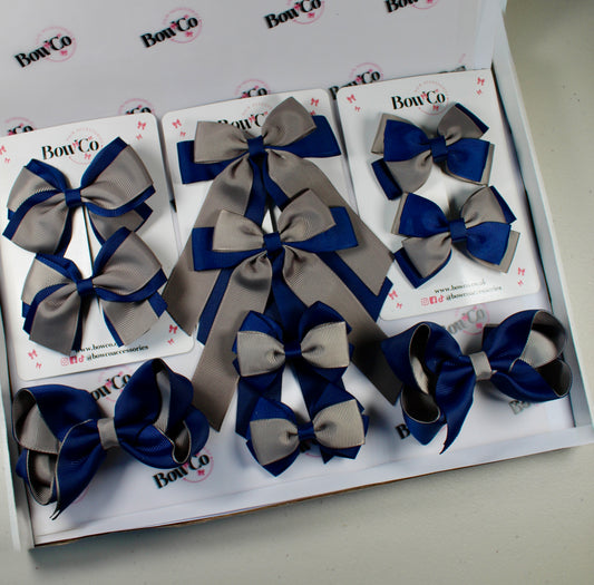 School Bow Bundle Saver - 10 Pack - Navy Blue and Grey - Clip